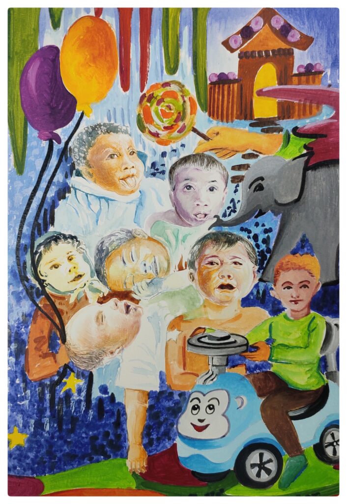 Mix Media art by Prajakta Patil and Meghana Sheth for Collaborative Art Space Emotions, showing the pure and delicate emotions of a baby.